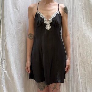 Black Satin Slip Dress Chemise with Lace Detail Nightie Lingerie Whimsygoth